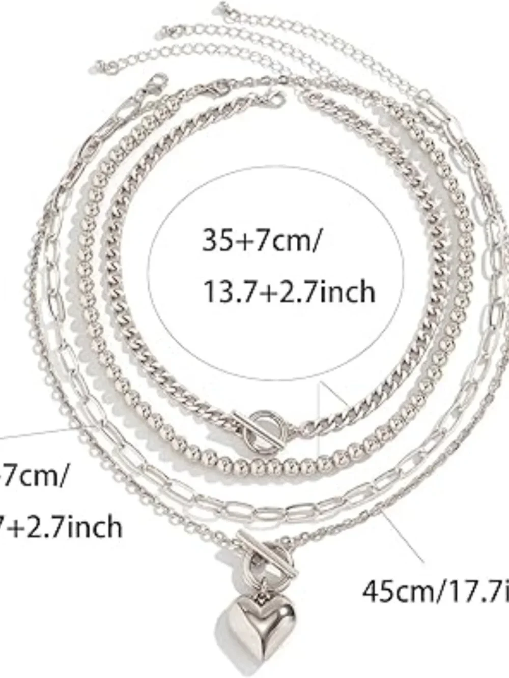 4 Layer Choker Necklace Chunky‎ Heart Silver Tone Statement Piece
